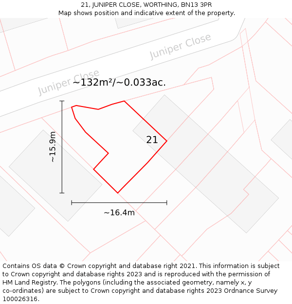 21, JUNIPER CLOSE, WORTHING, BN13 3PR: Plot and title map