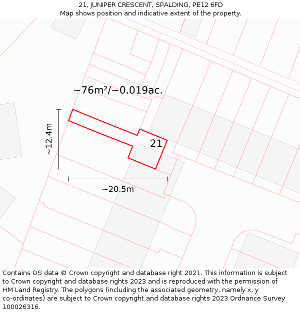 21, JUNIPER CRESCENT, SPALDING, PE12 6FD: Plot and title map