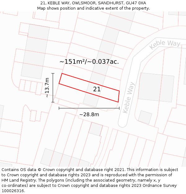 21, KEBLE WAY, OWLSMOOR, SANDHURST, GU47 0XA: Plot and title map