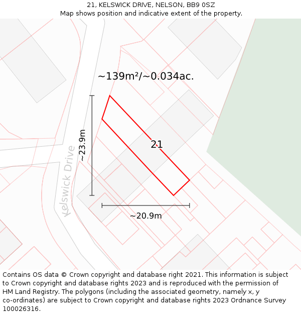 21, KELSWICK DRIVE, NELSON, BB9 0SZ: Plot and title map