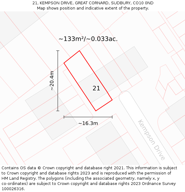 21, KEMPSON DRIVE, GREAT CORNARD, SUDBURY, CO10 0ND: Plot and title map