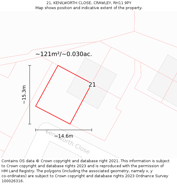 21, KENILWORTH CLOSE, CRAWLEY, RH11 9PY: Plot and title map