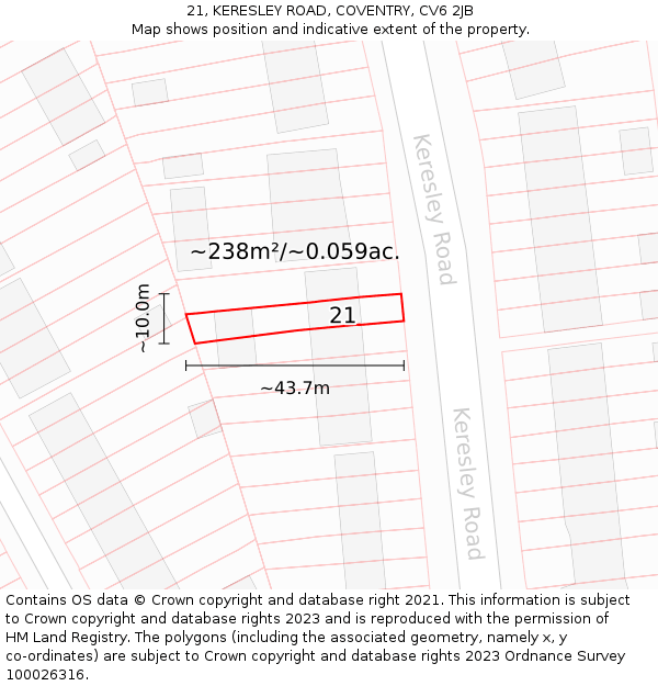 21, KERESLEY ROAD, COVENTRY, CV6 2JB: Plot and title map