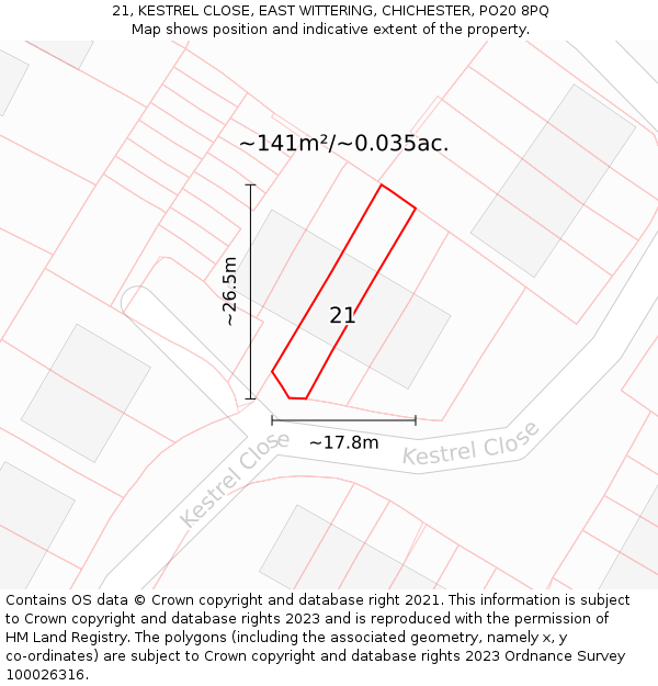 21, KESTREL CLOSE, EAST WITTERING, CHICHESTER, PO20 8PQ: Plot and title map
