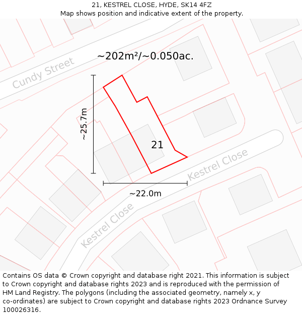 21, KESTREL CLOSE, HYDE, SK14 4FZ: Plot and title map