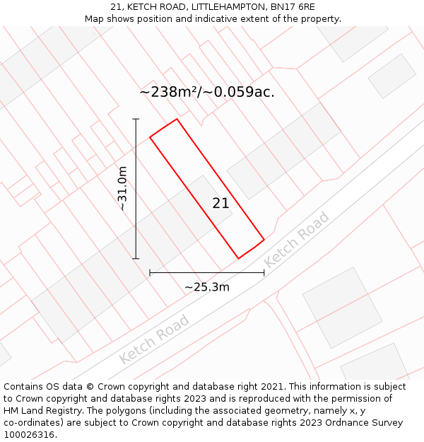 21, KETCH ROAD, LITTLEHAMPTON, BN17 6RE: Plot and title map