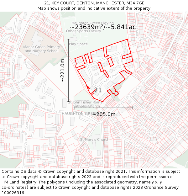 21, KEY COURT, DENTON, MANCHESTER, M34 7GE: Plot and title map