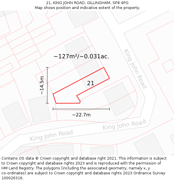 21, KING JOHN ROAD, GILLINGHAM, SP8 4PG: Plot and title map