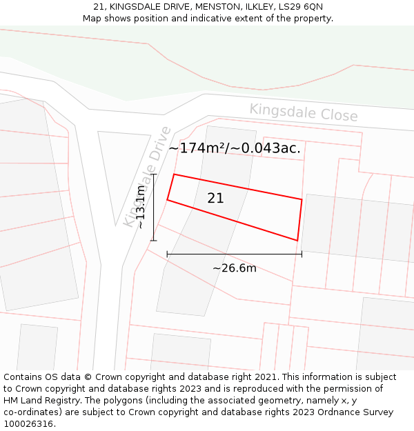 21, KINGSDALE DRIVE, MENSTON, ILKLEY, LS29 6QN: Plot and title map