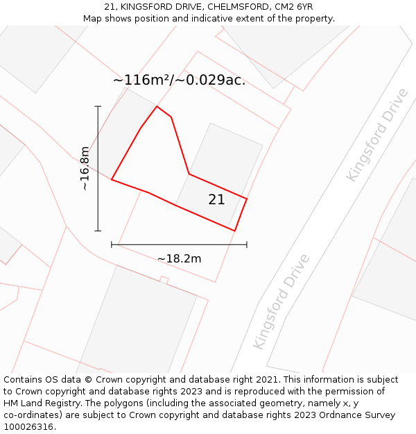 21, KINGSFORD DRIVE, CHELMSFORD, CM2 6YR: Plot and title map