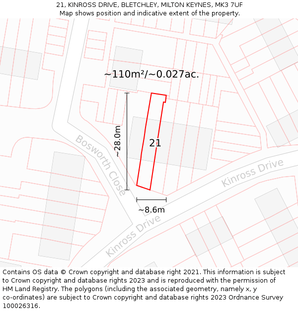 21, KINROSS DRIVE, BLETCHLEY, MILTON KEYNES, MK3 7UF: Plot and title map