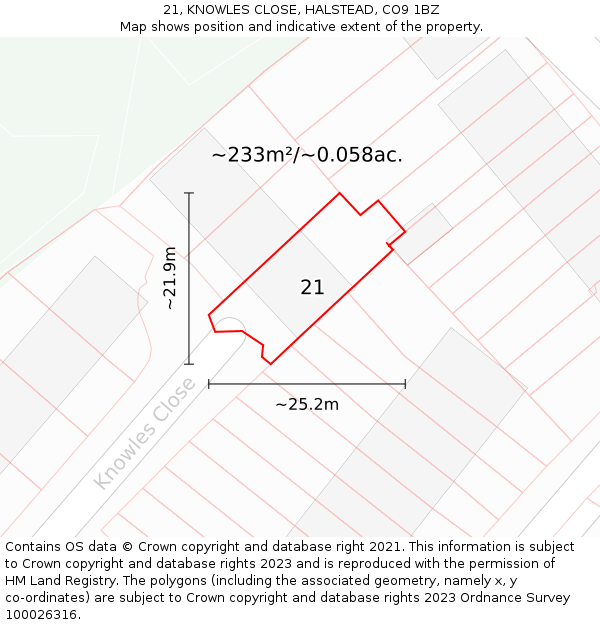 21, KNOWLES CLOSE, HALSTEAD, CO9 1BZ: Plot and title map