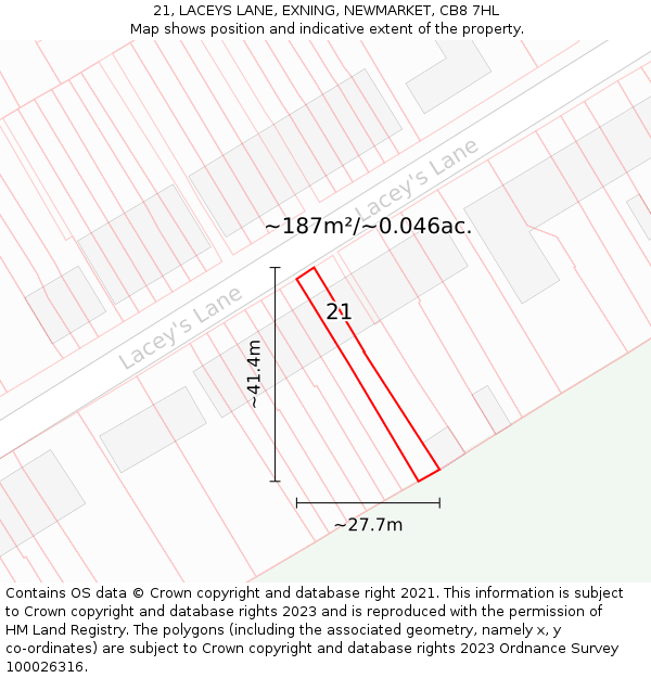 21, LACEYS LANE, EXNING, NEWMARKET, CB8 7HL: Plot and title map