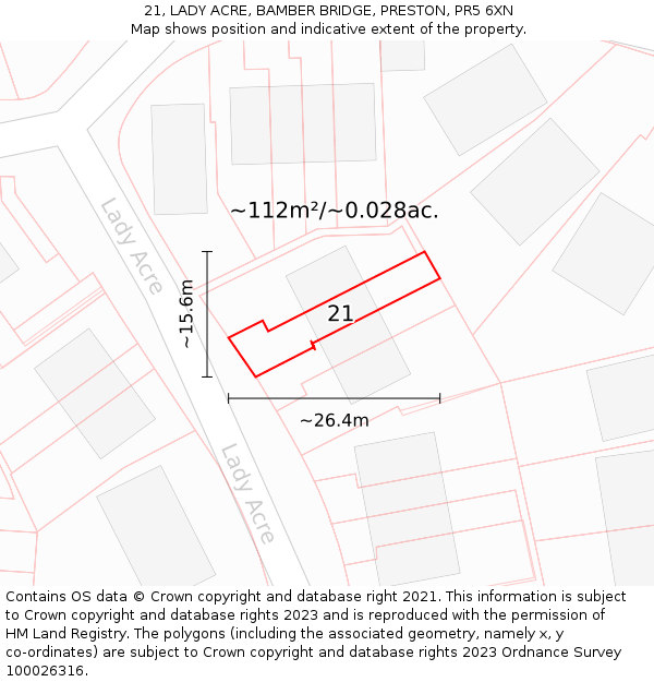 21, LADY ACRE, BAMBER BRIDGE, PRESTON, PR5 6XN: Plot and title map