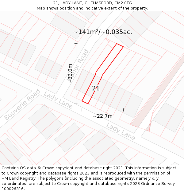 21, LADY LANE, CHELMSFORD, CM2 0TG: Plot and title map