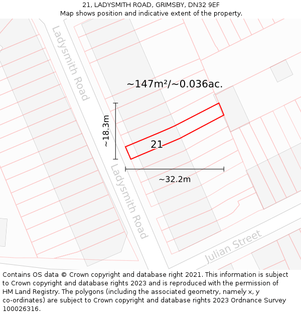 21, LADYSMITH ROAD, GRIMSBY, DN32 9EF: Plot and title map