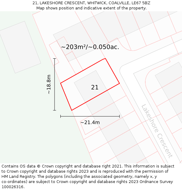 21, LAKESHORE CRESCENT, WHITWICK, COALVILLE, LE67 5BZ: Plot and title map