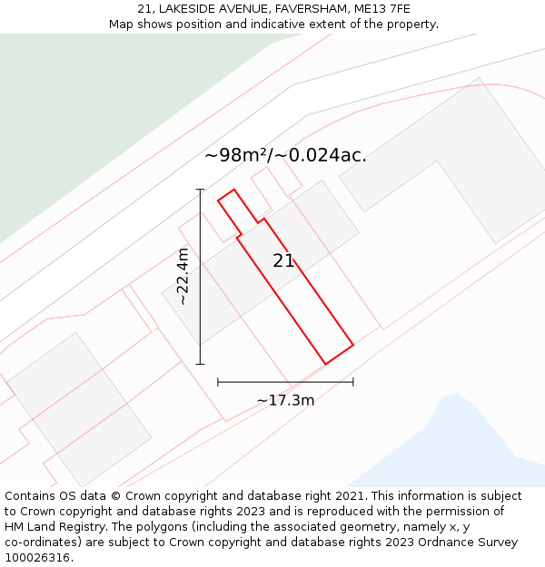 21, LAKESIDE AVENUE, FAVERSHAM, ME13 7FE: Plot and title map