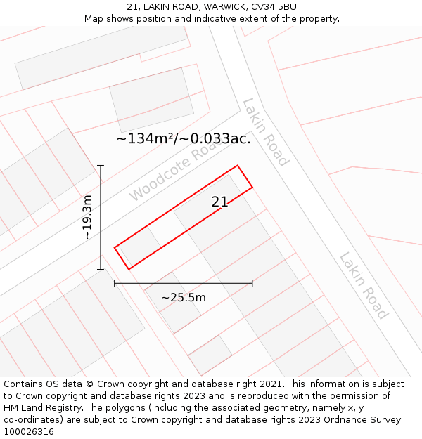21, LAKIN ROAD, WARWICK, CV34 5BU: Plot and title map