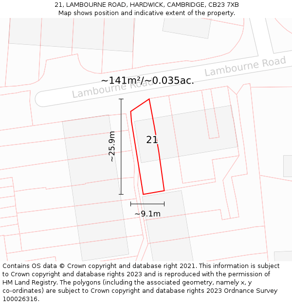 21, LAMBOURNE ROAD, HARDWICK, CAMBRIDGE, CB23 7XB: Plot and title map