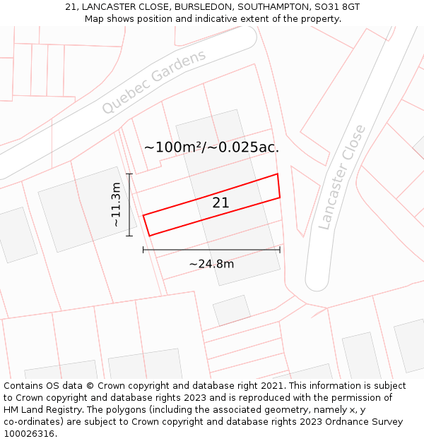 21, LANCASTER CLOSE, BURSLEDON, SOUTHAMPTON, SO31 8GT: Plot and title map