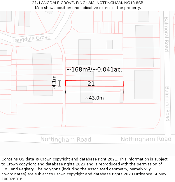 21, LANGDALE GROVE, BINGHAM, NOTTINGHAM, NG13 8SR: Plot and title map