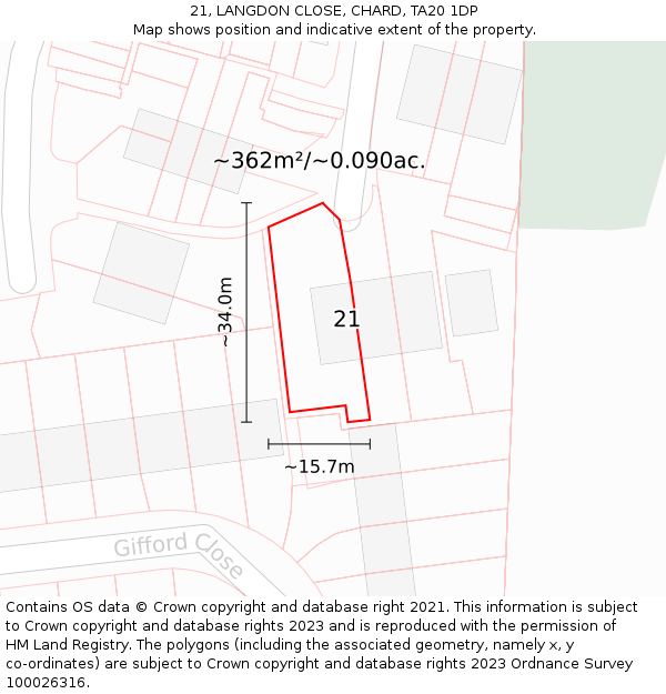 21, LANGDON CLOSE, CHARD, TA20 1DP: Plot and title map