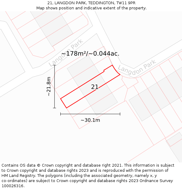 21, LANGDON PARK, TEDDINGTON, TW11 9PR: Plot and title map