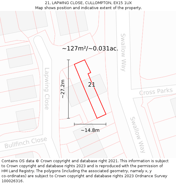 21, LAPWING CLOSE, CULLOMPTON, EX15 1UX: Plot and title map