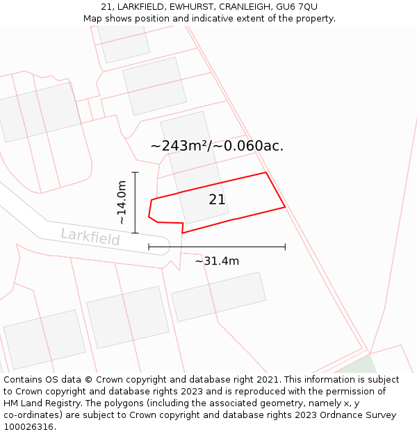 21, LARKFIELD, EWHURST, CRANLEIGH, GU6 7QU: Plot and title map
