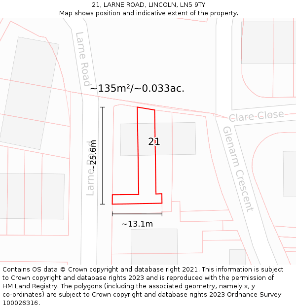 21, LARNE ROAD, LINCOLN, LN5 9TY: Plot and title map