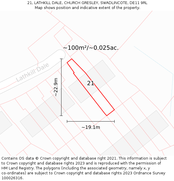 21, LATHKILL DALE, CHURCH GRESLEY, SWADLINCOTE, DE11 9RL: Plot and title map