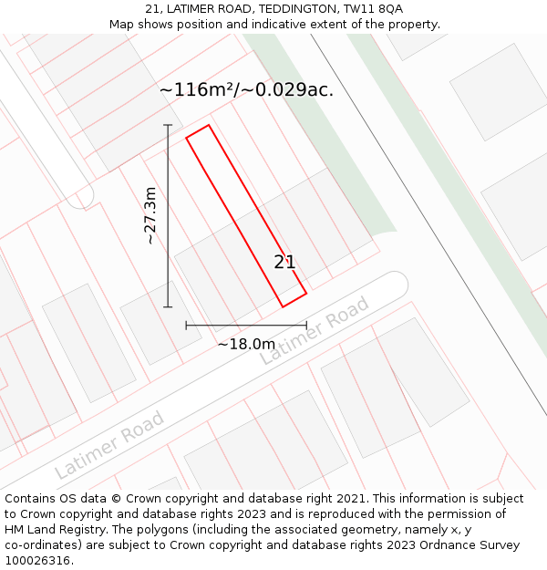 21, LATIMER ROAD, TEDDINGTON, TW11 8QA: Plot and title map
