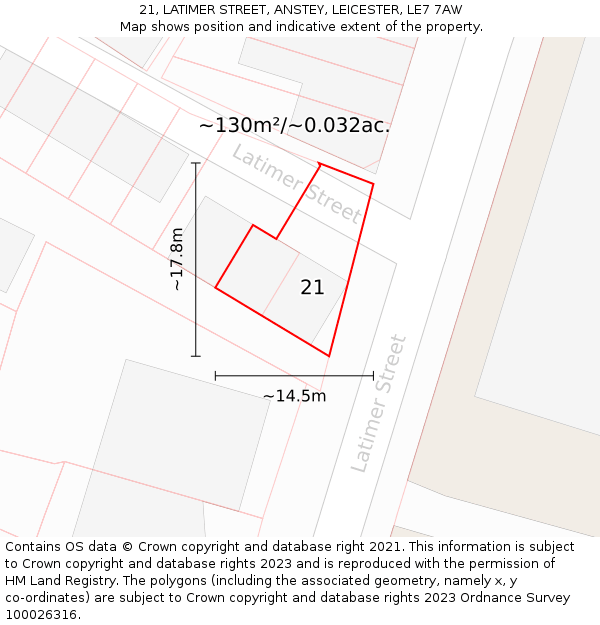 21, LATIMER STREET, ANSTEY, LEICESTER, LE7 7AW: Plot and title map