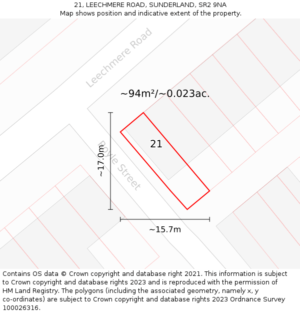 21, LEECHMERE ROAD, SUNDERLAND, SR2 9NA: Plot and title map