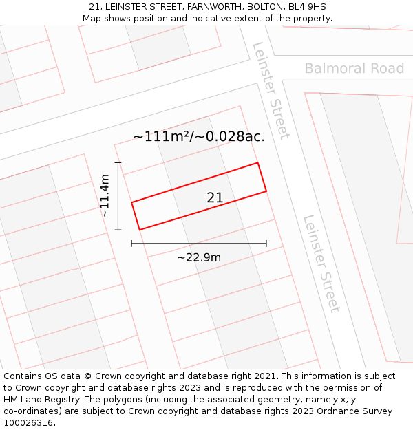 21, LEINSTER STREET, FARNWORTH, BOLTON, BL4 9HS: Plot and title map