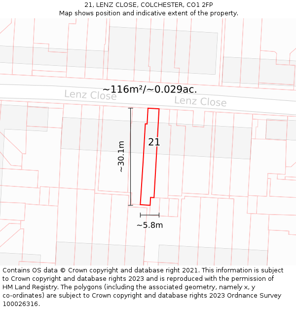 21, LENZ CLOSE, COLCHESTER, CO1 2FP: Plot and title map