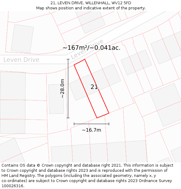 21, LEVEN DRIVE, WILLENHALL, WV12 5FD: Plot and title map