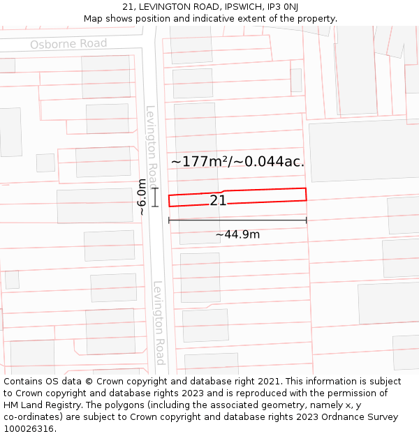 21, LEVINGTON ROAD, IPSWICH, IP3 0NJ: Plot and title map