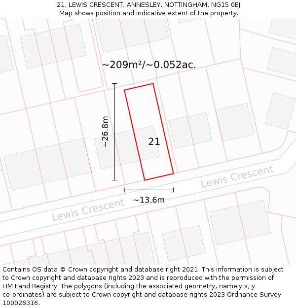 21, LEWIS CRESCENT, ANNESLEY, NOTTINGHAM, NG15 0EJ: Plot and title map
