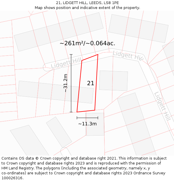 21, LIDGETT HILL, LEEDS, LS8 1PE: Plot and title map