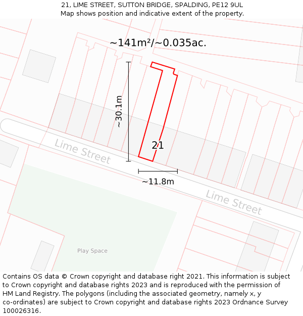 21, LIME STREET, SUTTON BRIDGE, SPALDING, PE12 9UL: Plot and title map