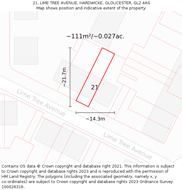 21, LIME TREE AVENUE, HARDWICKE, GLOUCESTER, GL2 4AS: Plot and title map