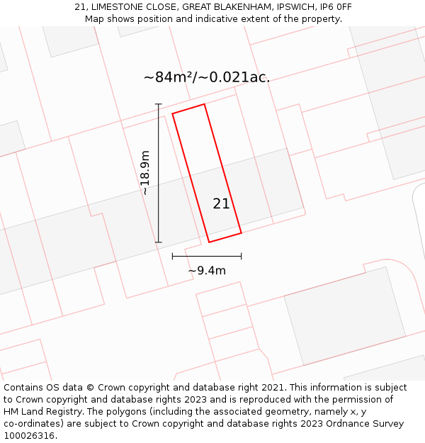 21, LIMESTONE CLOSE, GREAT BLAKENHAM, IPSWICH, IP6 0FF: Plot and title map