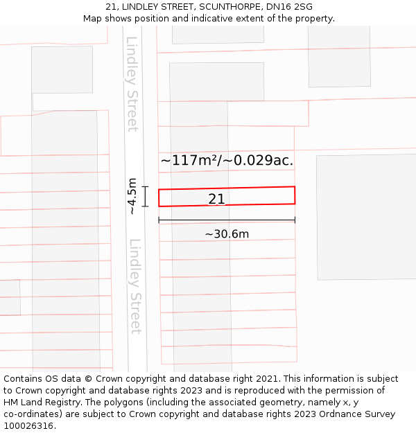 21, LINDLEY STREET, SCUNTHORPE, DN16 2SG: Plot and title map