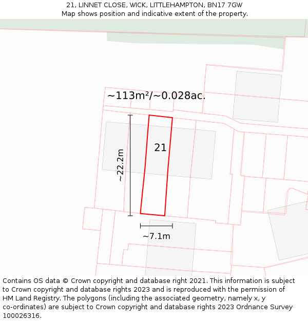 21, LINNET CLOSE, WICK, LITTLEHAMPTON, BN17 7GW: Plot and title map