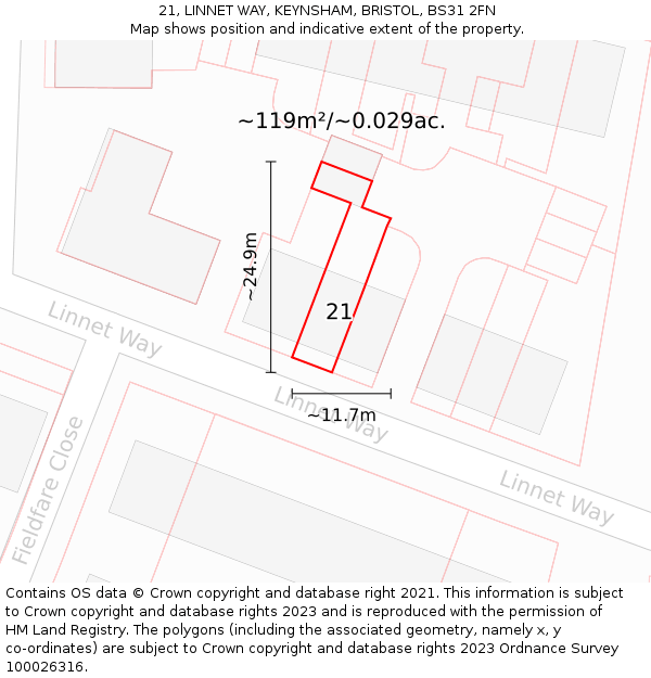 21, LINNET WAY, KEYNSHAM, BRISTOL, BS31 2FN: Plot and title map