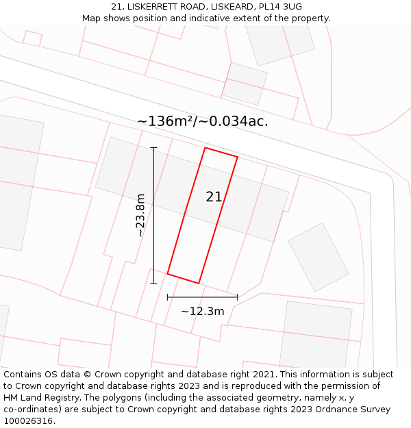 21, LISKERRETT ROAD, LISKEARD, PL14 3UG: Plot and title map