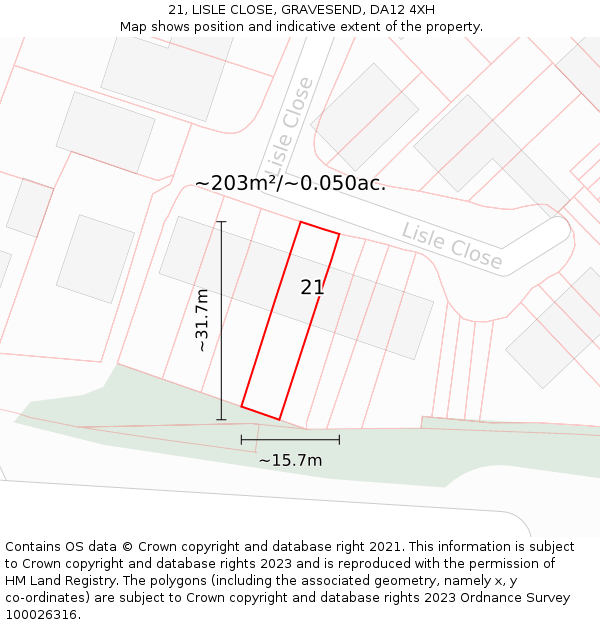 21, LISLE CLOSE, GRAVESEND, DA12 4XH: Plot and title map