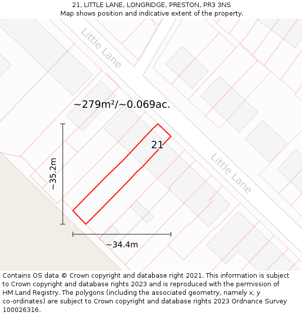 21, LITTLE LANE, LONGRIDGE, PRESTON, PR3 3NS: Plot and title map